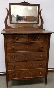 Quarter Sawn Oak Dresser Mirror, Devke-Kaser&rsquo;s Model 383S, Circa 1920, Original Finish, 5 Drawers 72" H x 42" W x 20" D,