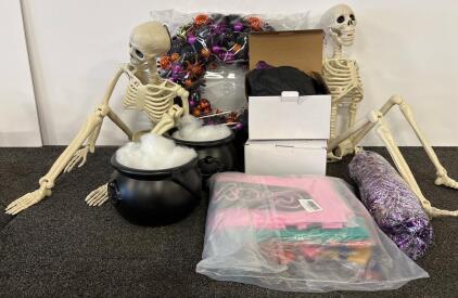 Halloween Decoration Lot &ndash; 2 Posable Skeletons, Cauldrons, Wreath, Costumes & more