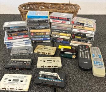 Music Cassette Tape Lot (Elton John, Garth Brooks, Rock, and more), 4 Fujifilm CD-Rs, Remotes, Lighters, Basket