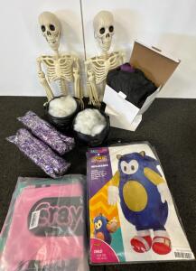 Halloween D&eacute;cor Lot: 2 Skeletons, 2 Cauldrons, 2 Tinsel Garland, Child Fall Guys Sonic Inflatable Costume