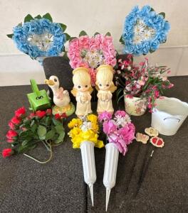 Garden & Cemetery Decoration Lot: Precious Moments Figurines, Floral Arrangements & Frog Watering Can & Table with mirrors