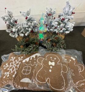 Christmas tree auction lot- 4 battery powder flock light up trees, 4 gingerbread pillows, and more