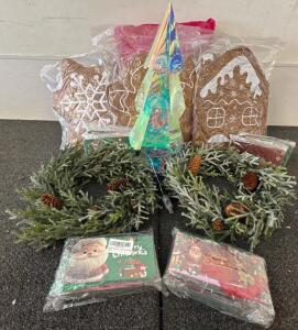 Christmas Decor Set: LED Tree, 2 Pine Wreaths, 8 Plush Gingerbread Pillows, 6 Gift Bag Packs with 4 cards per package