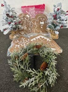 Christmas Decor Lot - 2 Mini Flocked Trees, Wreath, 8 Gingerbread Pillows, 6 Xmas Card Packs