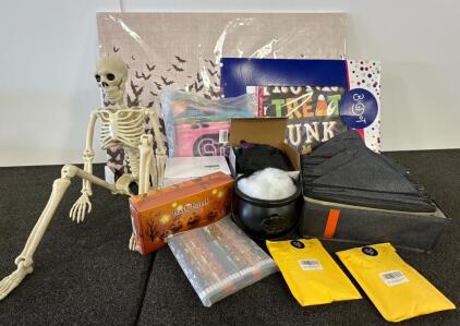 Large Halloween Decoration & Party Supply Lot: Skeleton, Bat Canvas, Signs, Bath Bombs, Favors