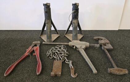 Heavy-Duty Lot: 2 Jack Stands 3-Ton, HK Porter Bolt Cutter, Pipe Wrench, Chain Binder & Chain