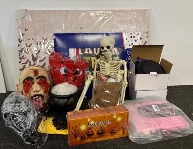 Halloween Decor & Costume Lot: Bath Bombs, Skeleton, Bat Tapestry, Signs, Masks, More