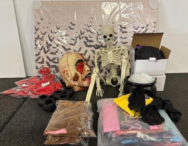 Halloween Party & Costume Lot &ndash; Skeleton, small Cauldrons, Masks, Wall Art, and More