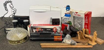 Bread Machine & Emergency Light Lot- West Bend Bread Maker, Binoculars, Christmas Snowflake Topper, Glass Fixture and more