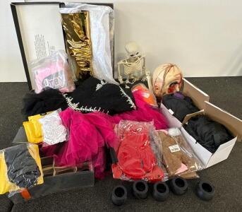 Assorted Costume Lot: Black and Pink Dress, Gold Boot, Crayon Suits, Halloween Props, KickerBall, Accessories