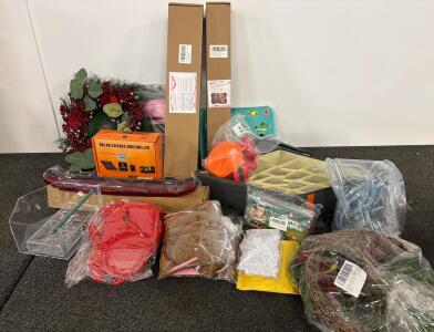 Mixed Holiday Lot: Faux Holiday Wreaths, Silk Cloth Wall Murals, Organizer Boxes, Solar Controller, and more