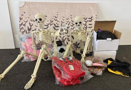 Halloween Decor & Costume Lot: 2 Skeletons, Bat Tapestry, bear, and crab face costume, and More