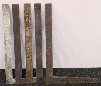 Set of 5 Steel Carpenter&rsquo;s Framing Squares, 24&ndash;36 in Blade, Imperial Graduations, Heavy Patina