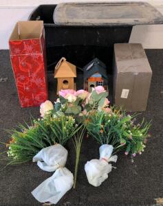Decorative Home & Garden Lot: 2 Birdhouses, 3 Faux Flower Bouquets, 2 LED Candles, Storage Bin