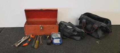 Hand Tool Set with Red Steel Tool Box, Two Soft Tool Bags, Locking Pliers, LED Work Light