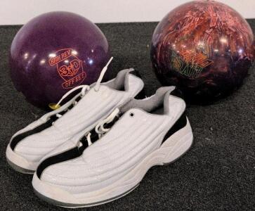 Hammer 3D Offset & Columbia 300 Wrath Bowling Balls w/ Men's US 9 White Bowling Shoes