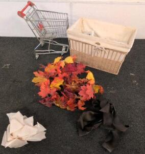 Mini Shopping Cart, Wicker Basket, Faux Fall Leaves Garland, Fabric Lot &ndash; Display & Decor Props
