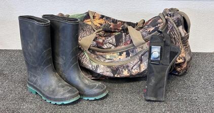 Wildland Camo Duffel Bag, Quest 6" Holster & Rubber Boots (Men's 7), Outdoor/Hunting Set