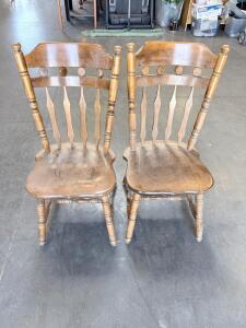 Pair of Windsor Style Solid Wood Dining Chairs, Spindle-Back, Medium Brown, Decorative Detail