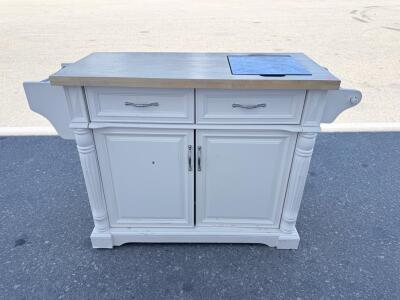 Kitchen Island Cart, White, 47"x22", Butcher Block Top with Black Stone Insert, 2 Drawers, Cabinet