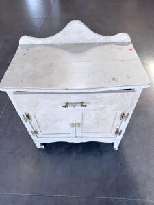 Antique Wooden Washstand, White Paint, Drawer & Double Cabinet Doors, Early 20th Century, Casters