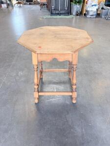 Octagonal Wooden Side Table &ndash; Turned Legs, Cross-Stretcher, Light Brown, 22"x22"x28" Approx.