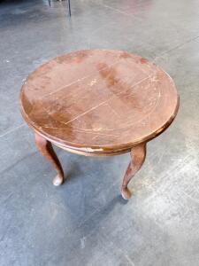 Round Wooden Side Table, Queen Anne Style, Cabriole Legs, Brass Drawer Pull, 20"D x 22"H