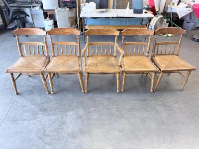 Set of 5 Vintage Spindle Back Wood Chairs, Rush Seats, Farmhouse Style, 1 Armchair Included