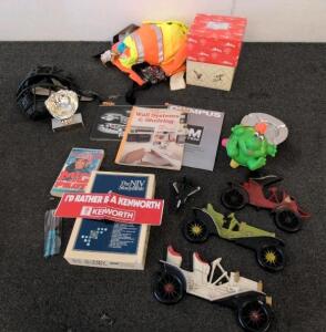 Mixed Vintage Collectibles: Cast Iron Car Wall Plaques, Kenworth Sticker, Enesco Box, Books Lot