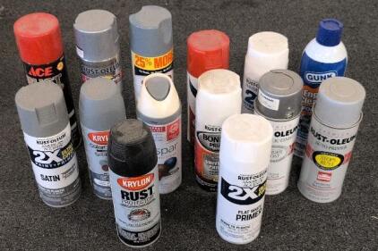 Mixed Lot of 14 Spray Paint & Cleaner Cans &ndash; Rust-Oleum, Krylon, Valspar, Various Colors & Types