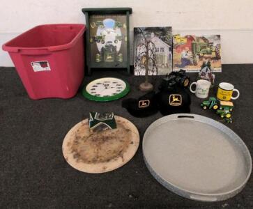 John Deere Collectibles Lot: 160th Anniversary Shelf, Wall Clock, Hats, Toy Tractors, Mugs