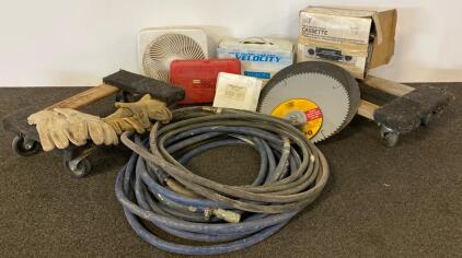 Mixed Shop Tools Lot&mdash;DeWalt 18" Saw Blade, Sears Cassette Deck, Dollies, Air Hose, Fan