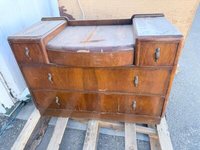 Vintage Art Deco Style Wood Dresser, 5 Drawers, Ornate Metal Pulls, 48"x20"x34", c.1930s-50s
