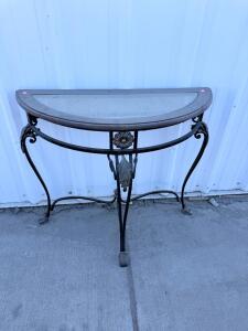 Ornate Demilune Console Table with Glass Top & Wrought Iron Base, Entryway/Hallway Accent, 38"x15"x30"