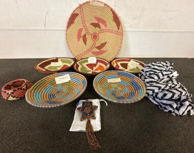 Set of 7 Rwandan Handmade Woven Baskets, Beaded Ornament, and Patterned Wraps &ndash; Artisan Signed
