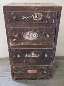 Vintage 4-Drawer Wooden Tool Cabinet with Automotive Stickers, Approx. 20"x36"x13"