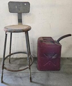 Vintage Red Metal 5-Gallon Jerry Gas Can & Vintage Workshop Chair 39"