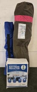 HYLEORY California King Mattress Protector Deep Pocket 21" + 2 Camping Folding Chairs w/ Bags