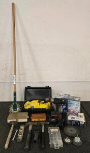 Mixed Tool Lot w/ Cordless Drill, Masonry/Weeding Tool, Hammers, Level, Grinding Wheels, Hardware Organizer & Accessories