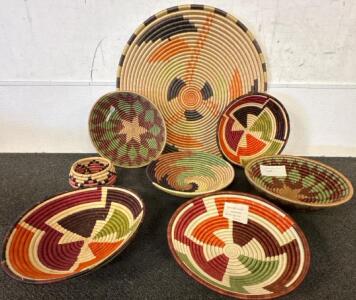 Rwandan Handwoven Basket Set &ndash; 8 Pieces, Sisal & Sweetgrass, Geometric Patterns, and Scarfs