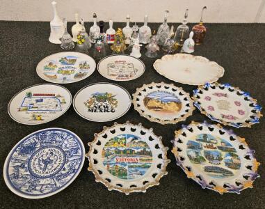 Lot of 10 Vintage State Souvenir Plates & 24 Decorative Glass/Porcelain Bells, Reticulated Edges