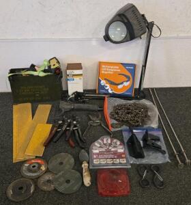 Mixed Tool Lot: Craftsman Robo Grip Pliers, Makita Discs, Router Bits, Yoctosun LED Magnifier