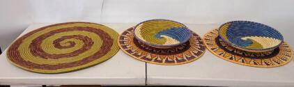Set of 5 Handwoven African Sisal Baskets & Trays, Multicolor Spirals & Geometric Patterns, 17" Largest
