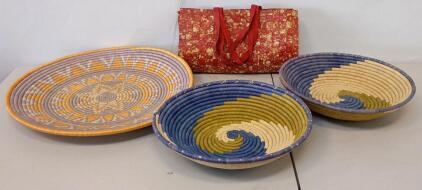 Set of 3 Handwoven African Style Baskets & Red Woven Tote Bag, Blue/Green/Purple/Gold Patterns
