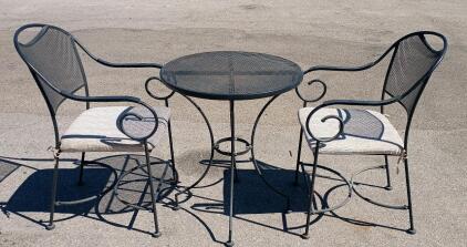 Black Wrought Iron Outdoor Bistro Set &ndash; 2 Armchairs, 30" Round Mesh Table, Cushions Included
