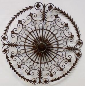 Ornate Round Wrought Iron Wall Medallion, 32" Diameter, Floral Scrollwork, Bronze Finish