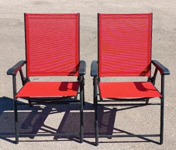 Set of 2 Red Folding Outdoor Patio Chairs, Mesh Fabric, Steel Frame, Armrests