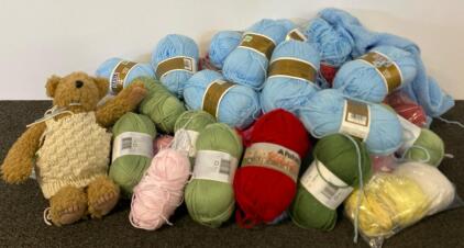 Large Lot Knitting Yarn &ndash; Patons, Permelia, Worsted Weight, 40+ Balls, Blue/Green/Red, Teddy Bear