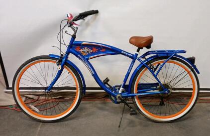 Margaritaville Coast Is Clear 26" 7-Speed Cruiser Bike Blue, Shimano Gears, Rear Rack, Parrot Bell