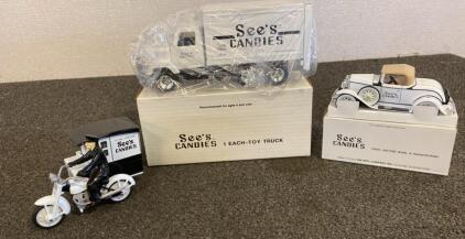 Ertl See&rsquo;s Candies Collectible Set: 1930 Ford Model A Roadster Bank, Box Truck & Motorcycle